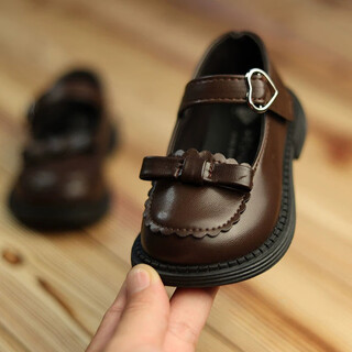 Lurang song children's leather shoes, british style girls' small leather shoes, spring and summer new girls' single shoes, soft sole mary jane performance shoes, dark brown, size 27, inner length 16.5cm