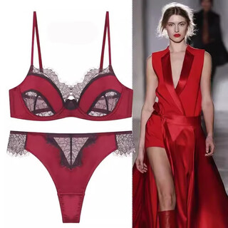 Victoria palace sexy eyelash lace underwear elegant ultra thin breathable hollow bra push up burgundy bra set women burgundy 75a m suitable for bcd