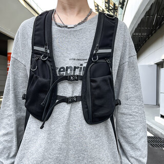 Jingmengyuan trendy cool dark functional style tactical workwear vest bag reflective lightweight cycling running storage mobile phone bag black