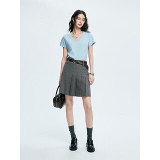 Virgin silk soft cotton simple v-neck right shoulder short-sleeved t sea salt blue s