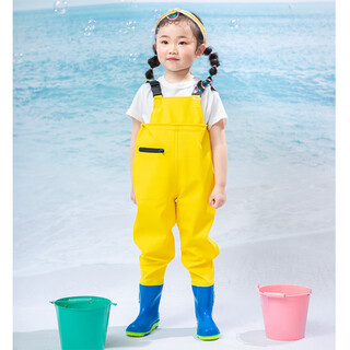 Pauline pesery children's water play one-piece waders kindergarten waterproof clothes for catching the sea, rain boots for boys and girls, catching fish and rain pants, children's yellow overalls with pockets, size 21/27 (shoe inner length 14b)