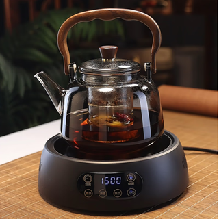 Full-degree heat-resistant glass teapot, wood grain handle, handle kettle, steaming, integrated teapot, electric ceramic stove, tea boiler, stove for making tea, wood grain handle handle, handle kettle + kangmi black ceramic stove