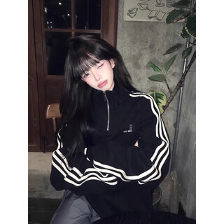 Ldbe three-stripe half-zip sweatshirt for women 2025 new velvet thickened american retro loose hooded pullover top spring black spring and autumn thin m 95-110jin jin is equal to 0.5 kg