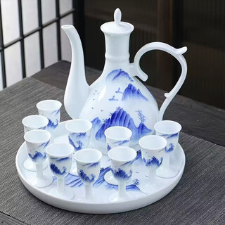 Guoyue ceramic white wine cup simple wine set home drinking glass with tray gift box wine jug tall wine glass for gift blue and white landscape wine set gift box
