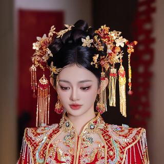 Shilian bridal headdress gold red flower handmade dragonfly phoenix tassel hairpin chinese ancient costume xiuhe wedding hair accessory headwear set g0168