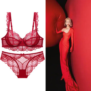 Victoria palace red sexy underwear lace underwear set new breathable thin anti-sagging big breast showing small large size bra burgundy 75/34b with m size underwear