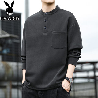 Playboy long-sleeved t-shirt men's sweatshirt spring and autumn american retro henry collar loose trendy bottoming shirt top 24415 gray 3xl