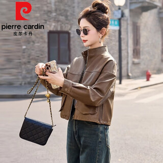 Pierre cardin (pierre cardin) coffee color short leather jacket for women 2025 spring and autumn new style unique super good-looking jacket little man motorcycle top red coffee color xl 120jin jin is equal to 0.5kg -140jin jin is equal to 0.5kg