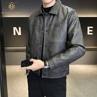 Running high brand leather jacket men's autumn 2025 new retro trend motorcycle leather jacket men's jacket chinese valentine's day black model regular m 90-110jin jin equals 0.5 kg