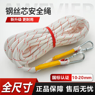 High-altitude work rope safety rope household steel wire core thickened life-saving outdoor climbing rope nylon rope wear-resistant fire escape 20 meters + double hook steel wire core 12 mm thick