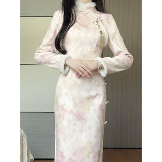 Jialong mingxiu 2025 winter new velvet thickened improved cheongsam young high-end temperament pink new chinese style dress pink l