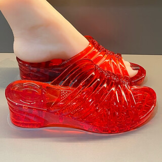 Xixi crystal plastic wedge slippers for women transparent crystal mom plastic slippers summer wedge thick sole home chinese red 40 one size too small