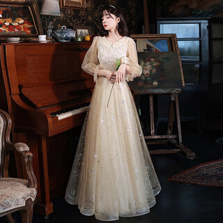 Zhufan music student art exam dress piano performance fairy evening girl vocal banquet adult ceremony dignified and elegant middle school student champagne color long sleeves long zipper style 2xl