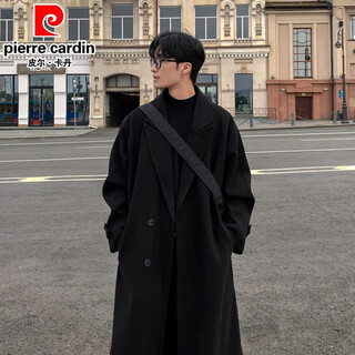 Pierre cardin woolen coat men's autumn and winter style british style korean style mid-length handsome trendy loose casual knee-length windbreaker jacket black l