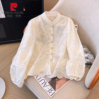 Pierre cardin (pierre cardin) new chinese style chinese style button embroidered stand collar lace long-sleeved shirt for women 2025 summer new fashion shirt tops off-white m (70-95jin jin equals 0.5kg)