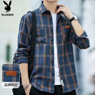 Playboy (playboy) long-sleeved shirt men's loose autumn and winter trendy plaid shirt men's casual shirt jacket yellow xl