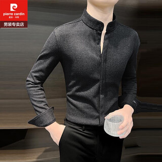 皮尔卡丹（pierre cardin）立领毛呢子长袖衬衫男士秋冬季韩版修身保暖条纹新中式衬衣服男装 深灰 XL 建议【130-150】