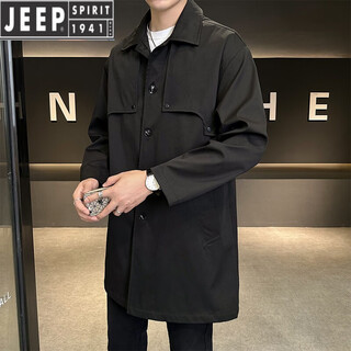 Jeep spirit mid-length youth loose trendy solid color windbreaker spring and autumn casual handsome korean style trendy jacket men's versatile top black 2xl