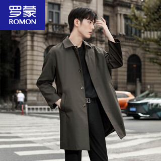 罗蒙（ROMON）风衣男中长款2025新款男式中青年单排扣春季韩版大衣商务休闲外套 军绿色 M 建议~120斤左右