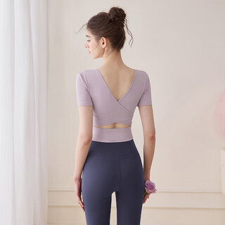 Lululmcctn yoga wear tops women's new back beautiful pilates professional training with chest pad fitness running sports suit fengxin purple short sleeve m