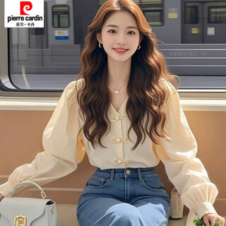 Pierre cardin apricot small fragrant button-down shirt for women early autumn new style lazy soft waxy temperament loose puff sleeve top apricot m