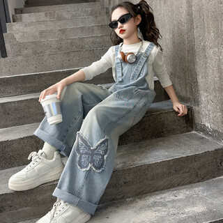 Shuttlecock feifei girls spring and autumn denim overalls wide leg pants set new autumn clothes for adults and children autumn two-piece set straight patch butterfly denim overalls 150 recommended height is about 135-145 cm
