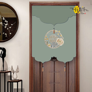 High-end new chinese style door curtain 2025 new style punch-free chinese fabric half curtain bedroom kitchen bathroom partition style huakai fugui half curtain-grey green-one-piece 80*180cm