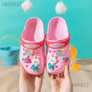 Skonwat new children's croc shoes cute cartoon thick-soled soft outerwear beach shoes medium and large children's anti-slip anti-collision slippers pink size 32 inner length 20cm