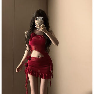 Yusiyi 2025 new seaside swimsuit women's bikini sexy outer wear fashion hot spring beach conservative hong kong style red hong kong style red four-piece set l