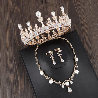 Pop crown tiara for 18-year-old korean super immortal round crown princess birthday coming of age ceremony bride wedding three-piece set golden crown + earrings + rose necklace