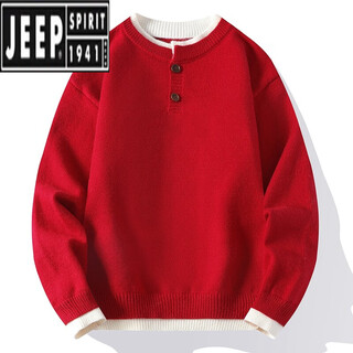 Jeep red zodiac year sweater men's winter v-neck split snake year clothes thickened henley collar fake two-piece knitted sweater red xl weight range 120-135jin jin is equal to 0.5 kg
