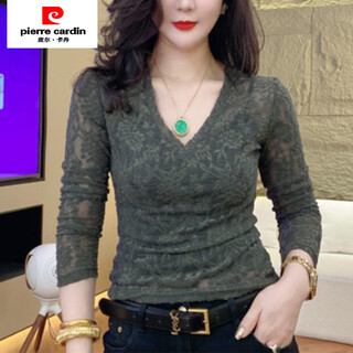 Pierre cardin (pierre cardin) new autumn and winter v-neck sexy lace shirt women's t-shirt slimming slim long-sleeved bottoming shirt foreign style hollow inner wear green l 105-115jin jin is equal to 0.5 kg