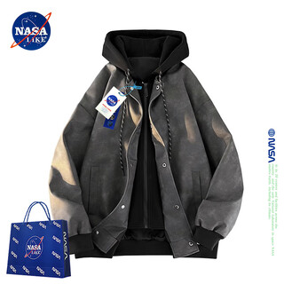 Nasalike official fashion brand autumn and winter jacket men's new fake two-piece leather jacket handsome hooded loose baseball uniform top black gray xl (recommended 130-145jin jin equals 0.5 kg)