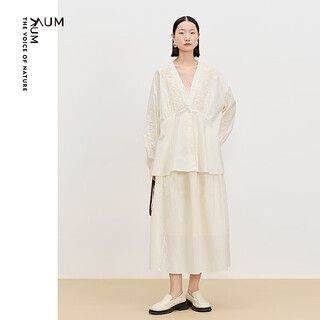 Aum (aum) easy suit aum 2025 spring new cotton v-neck bud sleeve embroidered top skirt off-white jacket m
