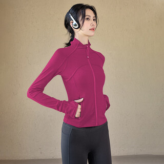 Luluuvttoh yoga wear jacket women's autumn and winter new ribbed sports top long sleeve running pilates training fitness wear women's wild berry color m
