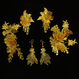 Shilian chinese xiuhe clothes bridal headdress golden yellow exquisite simple flower handmade fan set toast clothes ancient style hair accessories hair accessories set mt075