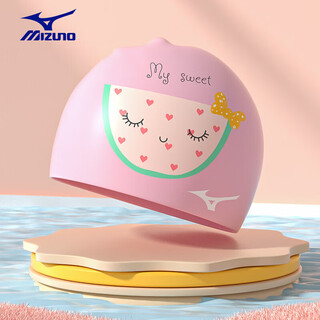 美津浓（MIZUNO）儿童泳帽女硅胶不勒头可爱专业防水护耳印花游泳帽N2CW1S23粉西瓜