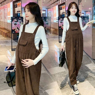 Maternity overalls spring and autumn suit fashionable new velvet maternity pants sweater loose large size maternity casual pants brown overalls + white sweater (suit) xl size recommended 125-145 jin jin equals 0.5 kg