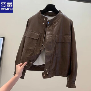 Romon fashion motorcycle pu leather jacket for women 2025 autumn new retro design top versatile short leather jacket brown color l recommendation 110-120jin jin equals 0.5 kg