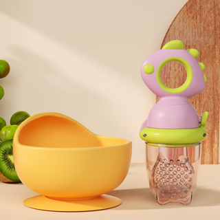 Lnga landgre baby food bite bag fruit and vegetable happy fruit tool molar stick can rotate to push pacifier feeding tool dinosaur style lilac + silicone bowl 2 pieces