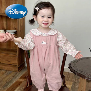 Disney baby suit spring and autumn sweet floral doll collar shirt embroidered overalls two-piece set autumn baby clothes pink rabbit shirt ten overalls two-piece set (spring and autumn) 90 size is too large (1 year old to 1 and a half years old)