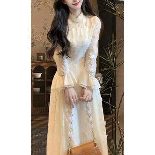 Apocalypse century knitted skirt temperament three-dimensional butterfly cheongsam dress women's autumn and winter white fairy high-end national style skirt dress favorite store priority delivery recommendation 80-95jin jin equals 0.5 kg s