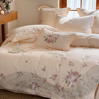 Mercury series hepburn style exquisite embroidery 180s cotton four-piece set with high-end sense 2025 pure cotton sheets and duvet covers bedding 4 hot-selling models flower drizzle-pink jade category a maternal and infant grade 1.8m bed sheet style four-piece set quilt cover 200*230