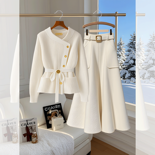 Yu zhaolin (yuzhaolin) 2025 spring, autumn and winter outfit, a complete set of women's new korean style simple tops, versatile skirts, two-piece set, sweater + skirt (excluding belt) l recommended 105-115 jin jin equals 0.5 kg