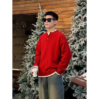 Siyou zodiac year sweater men's autumn and winter design lazy henley collar sweater men's red christmas bottoming shirt red fake two-piece sweater xl (125-140jin jin is equal to 0.5kg)