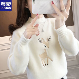 Luo meng sheep. sweater for women in autumn and winter new style cartoon deer sweater half turtleneck inner wear long-sleeved warm sweater for women off-white l 105-115jin jin is equal to 0.5 kg