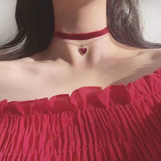 Feiyu burgundy velvet love necklace, atmospheric double-layer tassel clavicle chain, retro style velvet choker, red love heart
