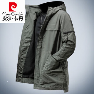 Pierre cardin 2026 new spring and autumn trendy long long style workwear windproof coat spring and autumn hooded casual jacket men's green high quality m