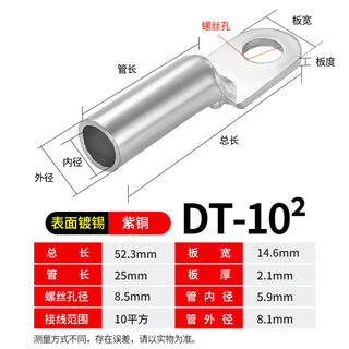 山头林村DT铜鼻子接线端子电线铜线鼻子镀锡堵油铜接头25/35/50平方铜线耳 镀锡 DT-10