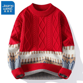 Jeanswest sweater men's winter thickened round neck warm jacquard round neck sweater knitted sweater big red new year's layer bottoming shirt 10719/we24538 red xl (175)